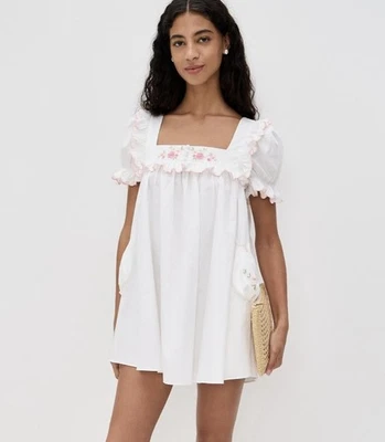 For Love and Lemons Tea Time Babydoll Mini Dress White Floral Embroidery Small - Image 1 of 4