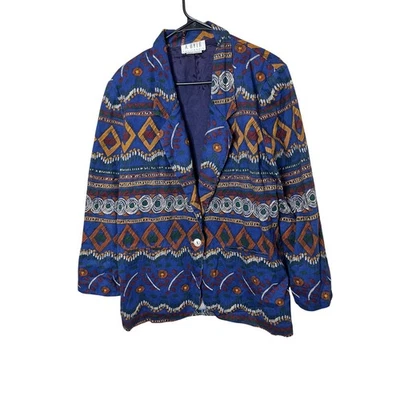 复古 A Byer California 女式蓝色几何印花西装外套 L 码 — 第 1/4 张图片