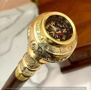 Brass Designer Handle Antique Style Cane Wooden Walking Stick With Compass Gift - Picture 1 of 7
