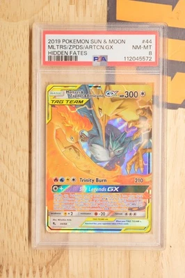 2019 POKEMON SUN & MOON HIDDEN FATES #44 MOLTRES & ZAPDOS & ARTICUNO GX PSA 8 - Image 1 of 2