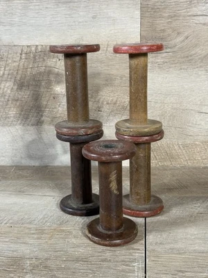 Antique European Industrial Wooden Spool Bobbins Set Of 5 Decor 4” - Image 1 of 4