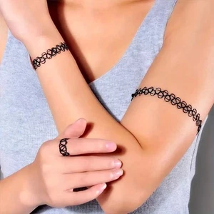 Elastic Black Tattoo Choker Jewellery Set Stretch Necklace Bracelet Ring Gothic - Picture 1 of 12