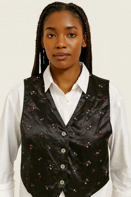 Chaleco Anxiety Mujer Vintage Talla 14/16 Negro Floral Espalda Hecho en EE. UU. 100% Acetato Foto 1 de 4