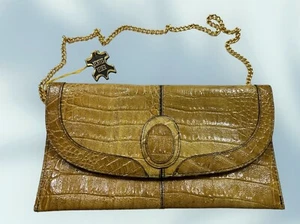 Echtes Leder Brown Leather Croc Embossed Clutch Shoulder Purse Bag with Chain - Picture 1 of 9