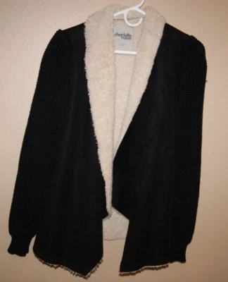 Charlotte Russe 黑色奶油色夏尔巴羊毛夹克外套舒适中号 (T) — 第 1/4 张图片