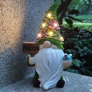 Solar Garden Gnome Statue w/ LED Lights Welcome Sign Yard Lawn Patio Decoration - Picture 1 of 8