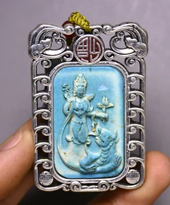 5CM Old Tibet Silver turquoise Stand Dragon Kwan-Yin Goddess Amulet pendant - Picture 1 of 4