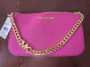 Neu Michael Kors Jet Set Sm MK Kette Pouchette Leder Rosa (Wild Berry) mit Gold - Bild 1 von 9