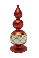 Table Top Christmas Finial Mercury Glass Blown Red & Pearl Gold Glitter Trim 8"