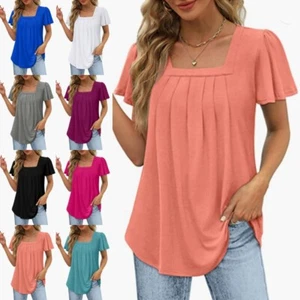 Women Loose Short Sleeve Summer Tops Ladies Square Neck Beach Plain T Shirt - Picture 1 of 48