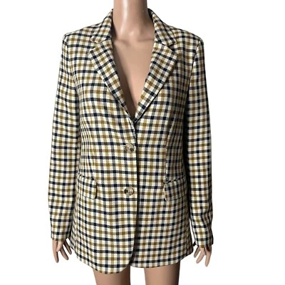 H&M Blazer Jacket Size 6 Yellow Navy Checkered Plaid Double Button Career Coat - Image 1 of 4