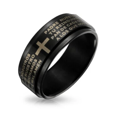 Anillo giratorio negro cruz religiosa de acero inoxidable para hombre - diseño de oración de señores Foto 1 de 4