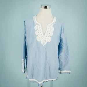 Top túnica Point Sur talla grande L cambray encaje manga larga algodón lino - Imagen 1 de 8