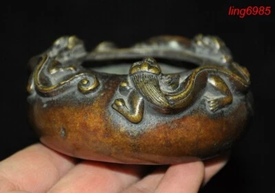 Antigua China Dinastía China Bronce Animal Dorado Bestia Pluma Lavado Cenicero Estatua Foto 1 de 4