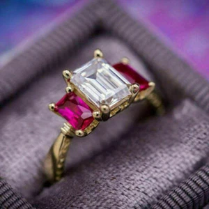 2Ct Lab Created Emerald Cut Diamond Ruby 3 Stone Wedding Ring 14K Gold Plated - Picture 1 of 4