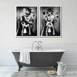Set of 2 - Sexy Party Girl on Toilet Smoking and Drinking Art Print Poster - Bild 1 von 8