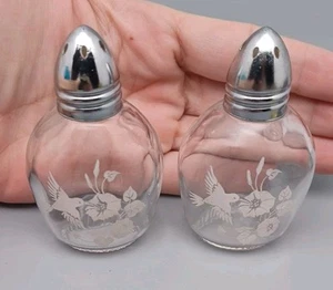 Vintage Avon Clear Glass Salt & Pepper Shakers, Frosted Floral & Hummingbird - Picture 1 of 5