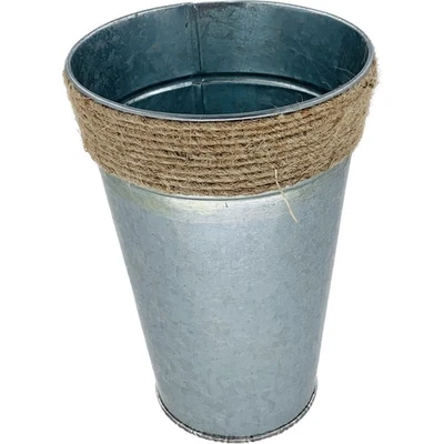 Metal Vase For Flowers Brown Rope Tapered 7.5 Inches Tall Silver Galvanized   - Image 1 of 4