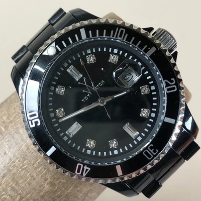 ToyWatch Hombre Buzo Piedras Preciosas Marcadores Fecha Tono Negro Cuarzo Analógico 41mm Reloj 6" Foto 1 de 4