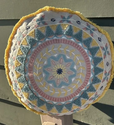 Boho Moroccan Inspired 15" Round Pillow Teal Coral Yellow Chenille Fringe - Image 1 of 4