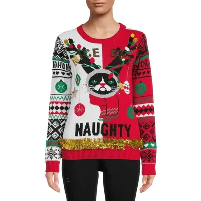 Bonito pero travieso gato feo Navidad suéter oropel lentejuelas campanas XS Juniors Foto 1 de 4