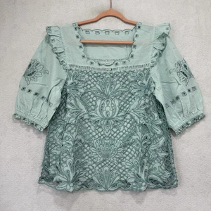 Sundance Shirt Womens Large Green Embroidered Lace Crochet Boho Square Neck - Picture 1 of 8