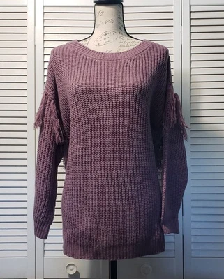 Charlotte Russe Knit Sweater Women's 1X Mauve Fringe Detail Crewneck Pullover  - Image 1 of 4
