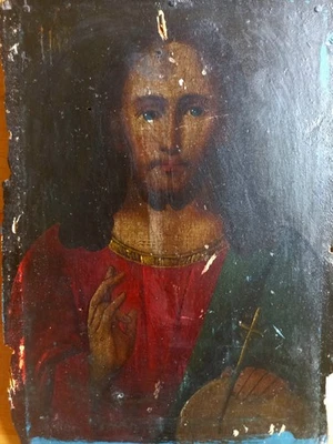 Leonardo da Vinci 1452-1519 follower Rare antique Salvator Mundi woodpanel  - Image 1 of 4