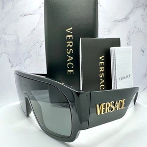 New VERSACE Sunglasses Black Aviator Wrap Shield Runway Gold Letter Logo - Picture 1 of 24