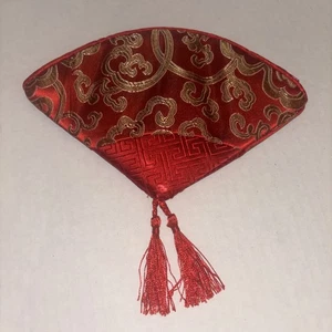 Red Chinese Brocade Silk Zipper, small fan shaped Clutch Purse w Tassel Fringe - Picture 1 of 24