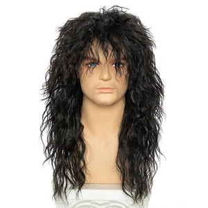 Men 80s Long Curly Black Mullet Wigs 80S Heavy Metal Rock Style Wigs for Hall... - Picture 1 of 7
