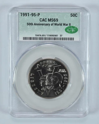 1991-95-P World War II Commemorative Half Dollar MS69 CAC CACg *2053 - Image 1 of 4