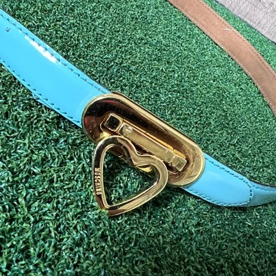 Moschino Hebilla Corazón Cinturón Diseñador Cuero Ajustado Azul Dorado Talla 40 Foto 1 de 4