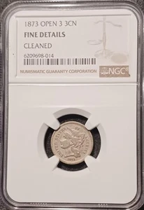 1873 Open 3 Three Cent Nickel : NGC Fine Details Cleaned - Picture 1 of 4