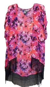 Catalina Floral Chiffon Fringed Cap Sleeve Open Front Swimsuit Cover-Up Size Med - Picture 1 of 7
