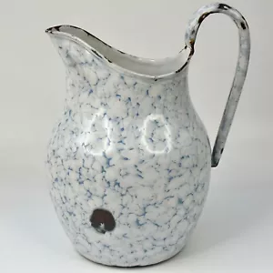 Antique French Country Kitchen Marbled Blue & White Enamel Jug Pitcher - Picture 1 of 16