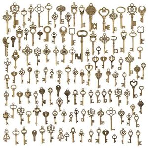 125Pcs/6Oz Vintage Skeleton Keys Set Steampunk Key Necklace Antique Bronze Charm