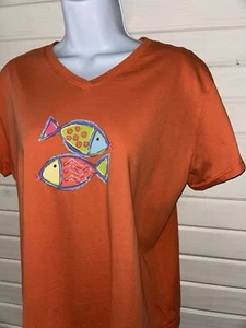 Camiseta Fresh Produce Talla GRANDE Naranja Pescado Cuello en V Hecha en EE. UU. Algodón Usada en Excelente Condición - Imagen 1 de 10