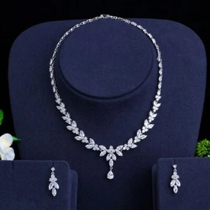 Pear Cut Diamond Women's Necklace & Earrings Set 14KWhite Gold Plated 925 Silver - Picture 1 of 5