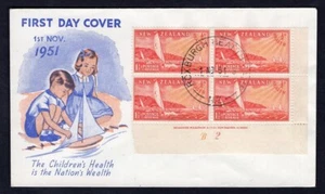 NEW ZEALAND 1951 FDC Cover. Health. Plate Block - Picture 1 of 2