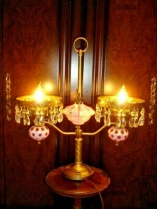 FENTON CRANBERRY COIN DOT OPALESCENT DOUBLE STUDENT LAMP, NO SHADES, 3 LIGHTNING - Picture 1 of 12