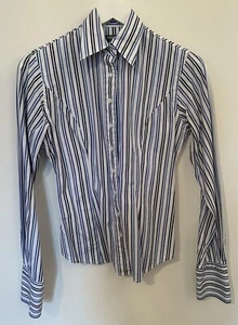 T.M. LEWIN Women's Blue & White Stripe Long Sleeve Cuff Link Shirt Blouse UK 8 - Foto 1 di 6