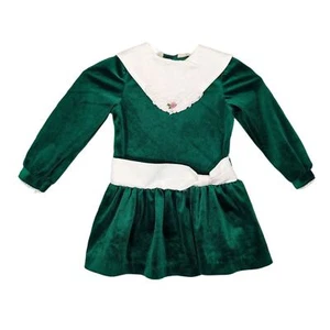 Vtg 90s Rose Cottage Girl's 4 Green Velvet Drop Waist Dress, Holiday Christmas - Picture 1 of 7