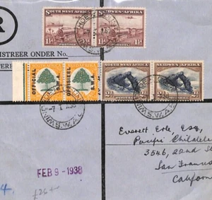 SOUTH WEST AFRICA Official Cover Windhoek Registered USA S. Francisco 1938 YO274 - Picture 1 of 14