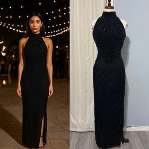 90s Laurence Kazarian 100% Silk Black Beaded Neckholder Gown High Neck Slit L - Bild 1 von 16