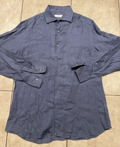Luca Faloni Shirt Mens 16.5 42 Large Blue 100% Linen Long Sleeve Button Italy - Picture 1 of 7