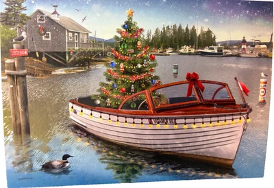 Merry Christmas on the water/ tree/  Boat Leanin Tree Greeting Card - Image 1 of 4