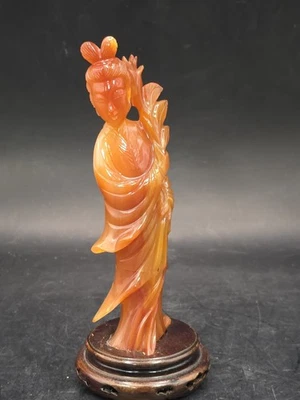 Gorgeous Chinese Fine Carved Carnelian Agate A Beauty Adhered To Wooden Base - Image 1 of 4