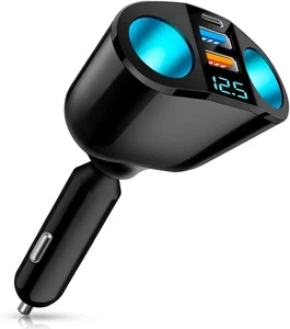 Cigarette Lighter Adapter, USB C Car Charger Adapter with Voltmeter, Black  - Picture 1 of 8