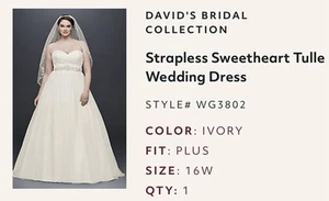 David's Bridal 16W Ivory Strapless Sweetheart Tulle Wedding Dress STYLE# WG3802 - Picture 1 of 3